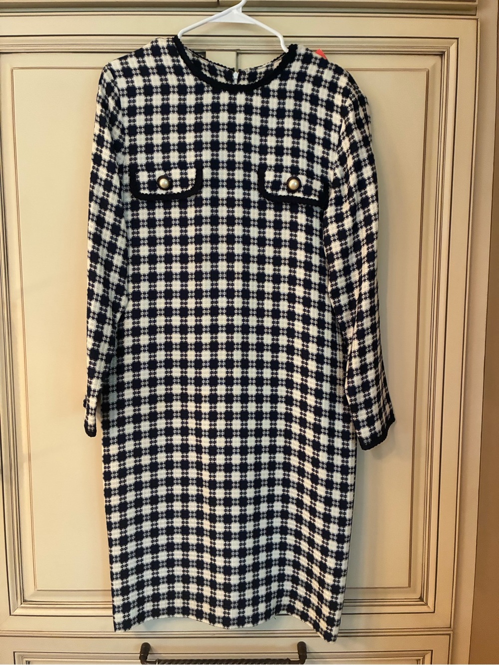 Brooks Brothers Navy and White Checked Long-Sleeve Shift Dress